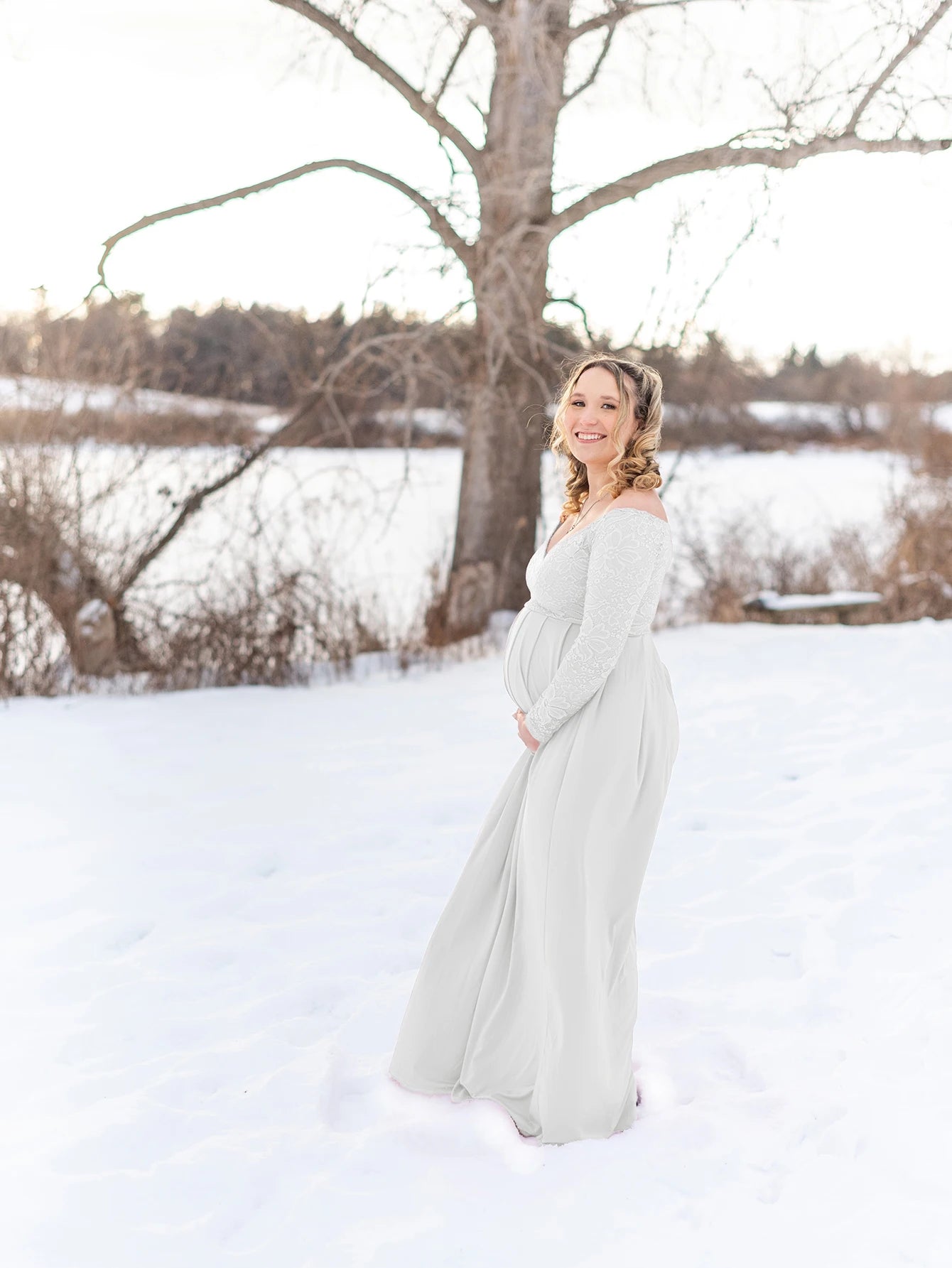 Maternity Lace Photography Gown V-Neck Long Sleeve Maxi Elegant Pregnancy Dress For Baby Shower Photography