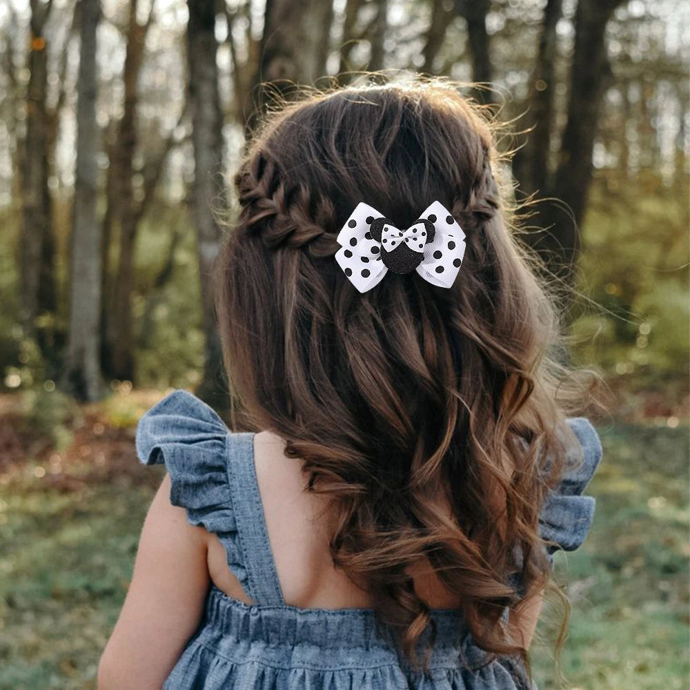 2/4Pcs Cute Bows Hair Clip for Children Boutique Cartoon Headdress Classic Woven Ribbon Polka Dot Pattern Kids Hair Clip