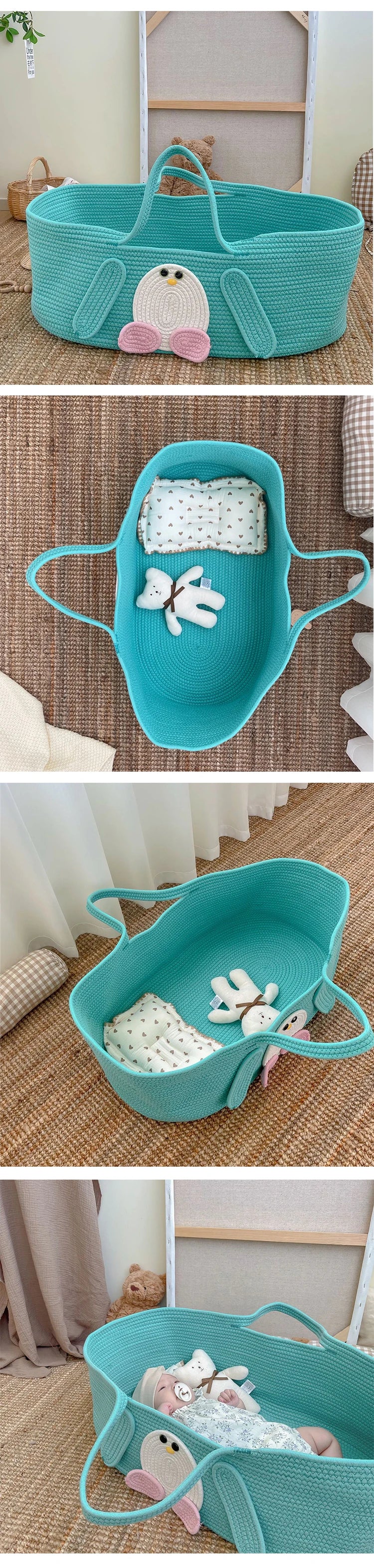 Cotton Rope Woven Baby Moses Basket With Handle Baby Diaper Changing Portable Bed Cartoon Penguin Hand Basket