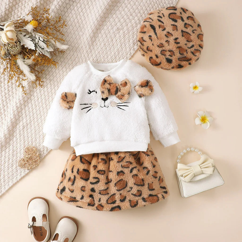 3Pcs Baby Girl Autumn Fashion Set Plush Leopard print Top+Skirt+Hat Autumn/Winter Set Suitable for Cute Baby Girls 0-3 Years Old
