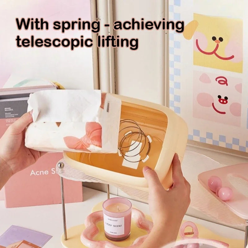 Cute spring-lift tissue box with large capacity storage drawer for desktop.