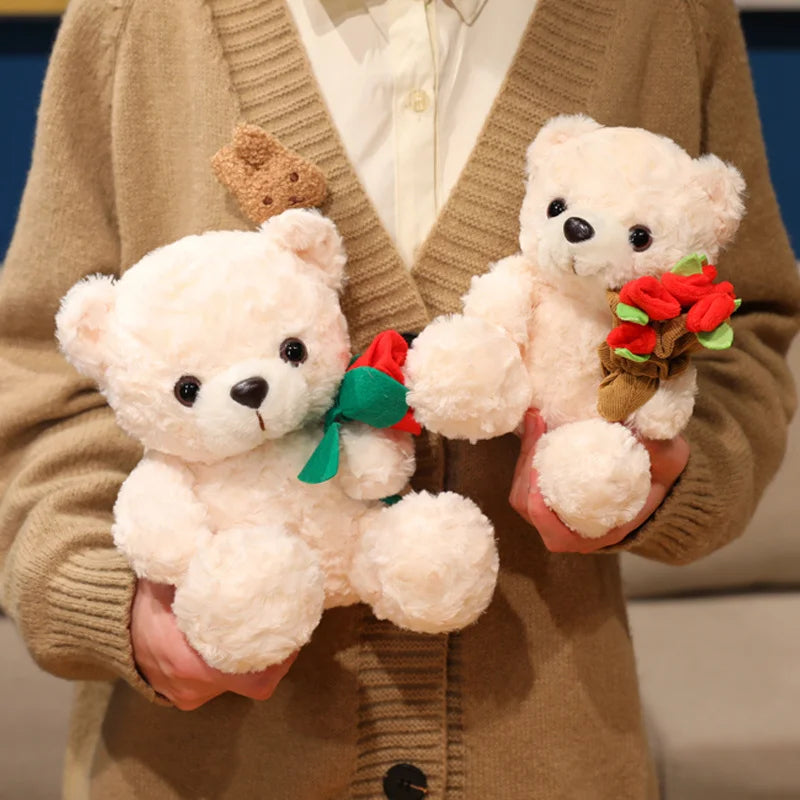 Wholesale Creative 16/25CM Bear Plush Toy Red Heart Romantic Rose Doll Soft Handmade Holding Flowers Bear Doll Home Decoration