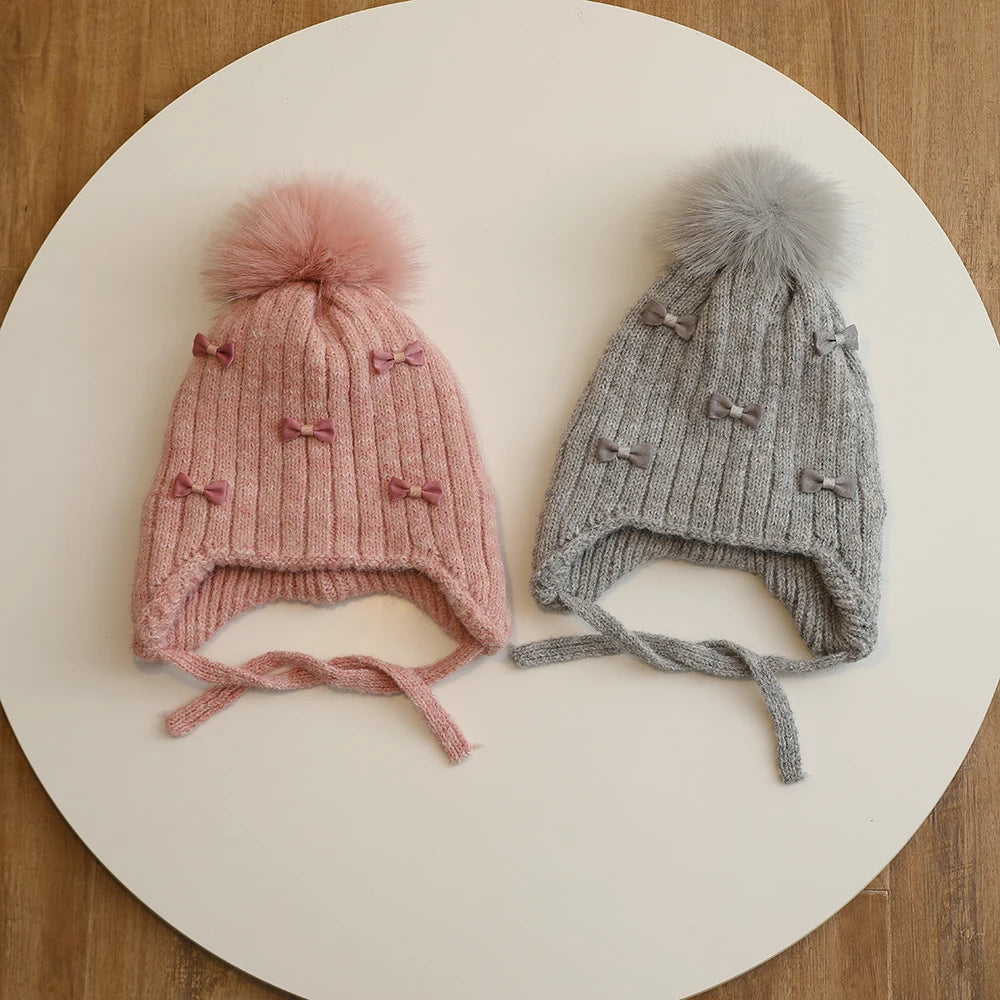 Princess Children Winter Hat for Girls Pompom Bows Kids Bonnet Hat Warm Ears Thicken Children Girl Cap Faux Fur Ball 2-6Y