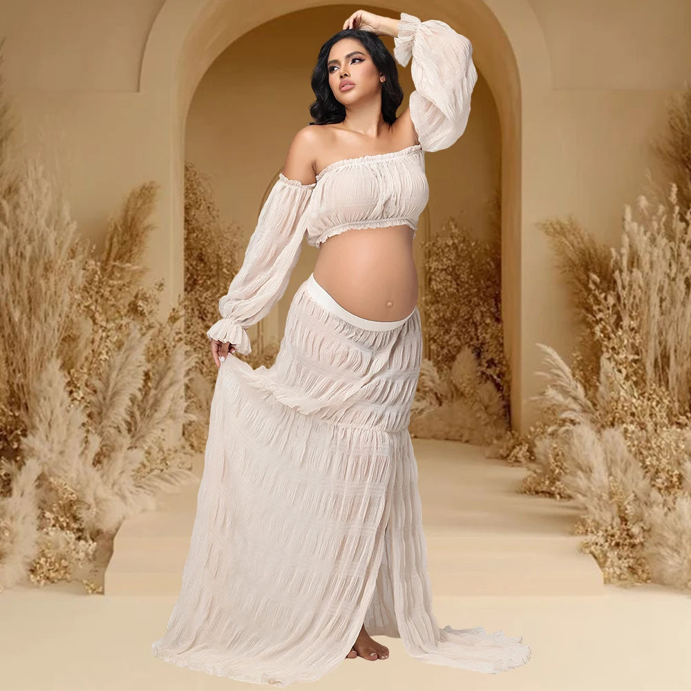 Bohemian Maternity Chiffon 2 Piece Photoshoot Dress Baby Shower Maxi Dresses Off Shoulder Lantern Sleeve Ruched Slit Outfit