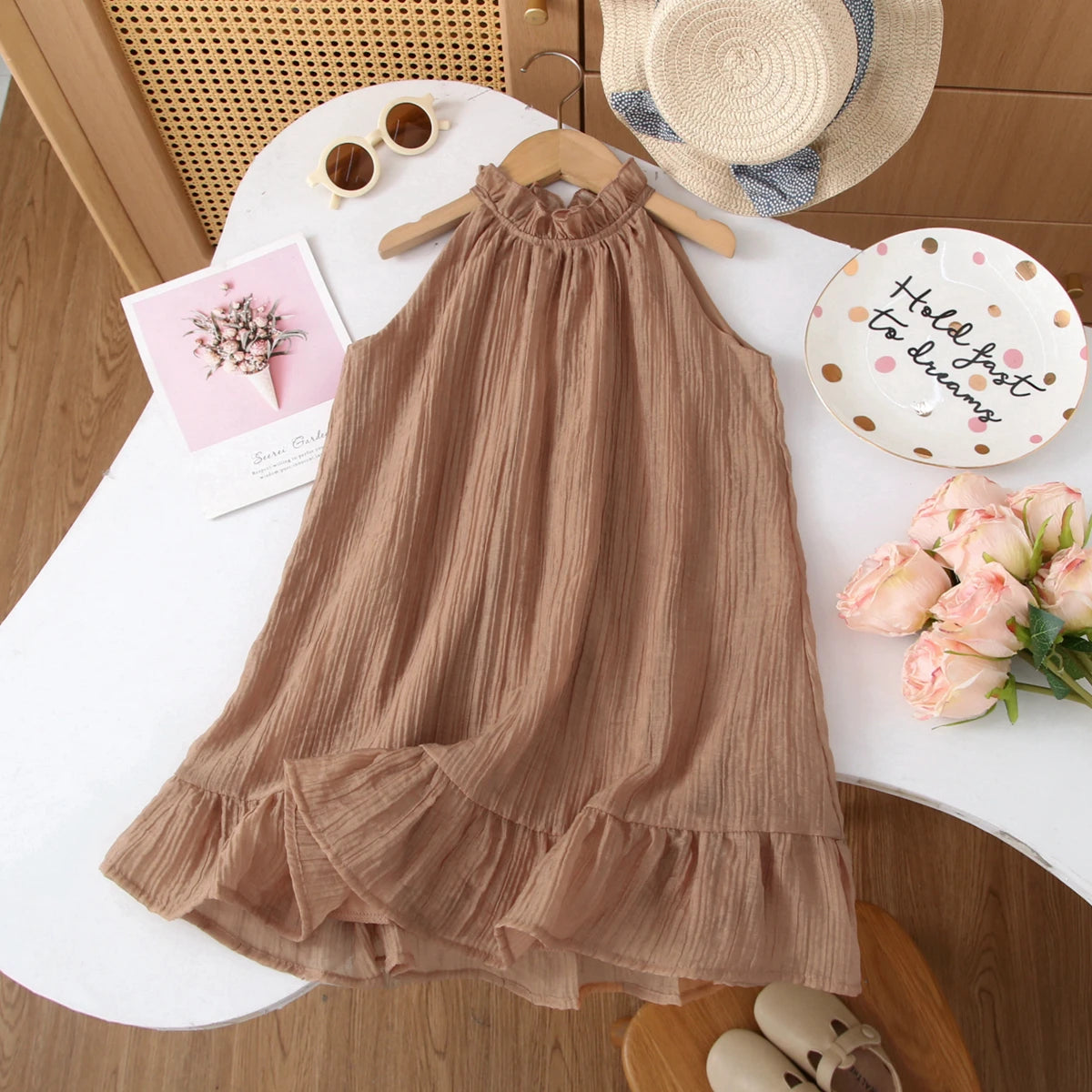 Humor Bear Summer Girl's Dress Solid color retro-style halter sleeveless Fashion Princess Dress Casual Dresses For Girls