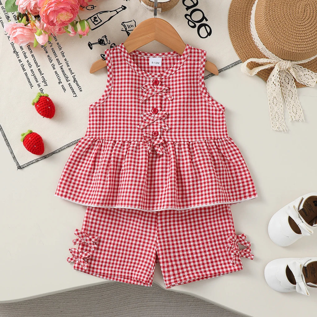 0-3 Year Girl's Summer set with checkered small bow top and pants 2Pcs/Set for Toddler Baby girl'r Fashion Set and Baby clothing