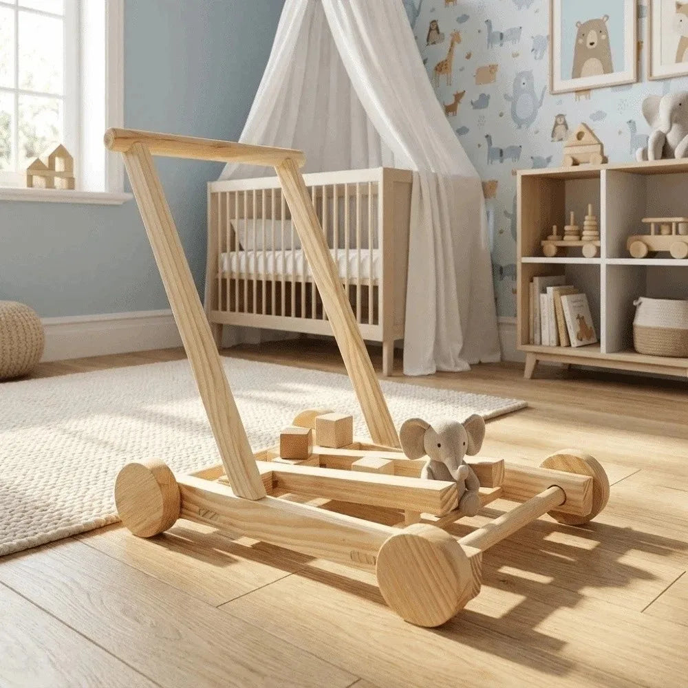Adjustable Speed Height No-Knot Wood Baby Walker Wheeled Push-Pull Non-Toxic Toddler Walking Aid Safe Sturdy Durable