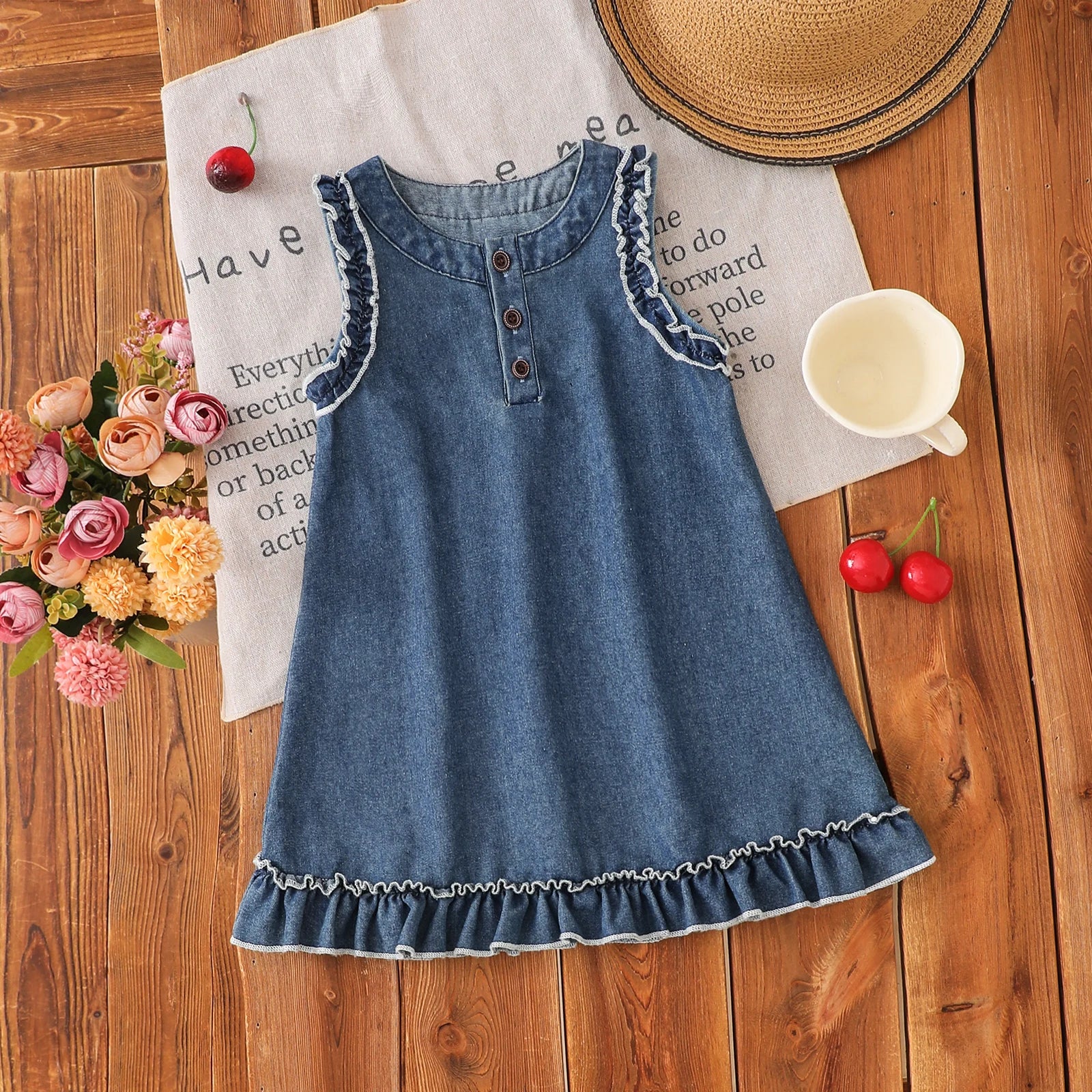 Toddler Baby Girl Sleeveless Denim Dress Lace Ruffle Trim Button Front Summer Kids Casual Jean A-line Dress