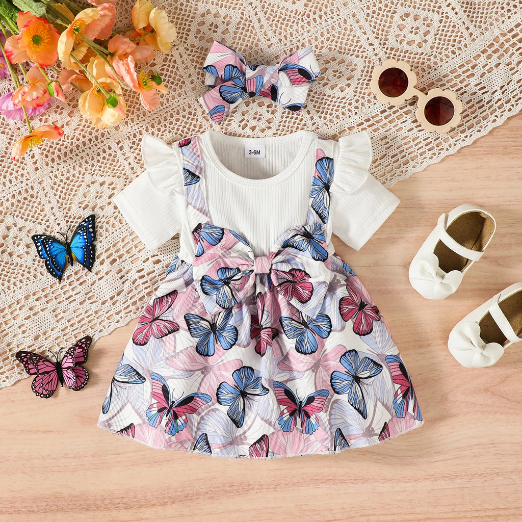 2Pcs Baby Girl Summer Dress Beautiful Butterfly Print Dress+Headband suitable for 0-24 Months old Lively and Cute Little Girls