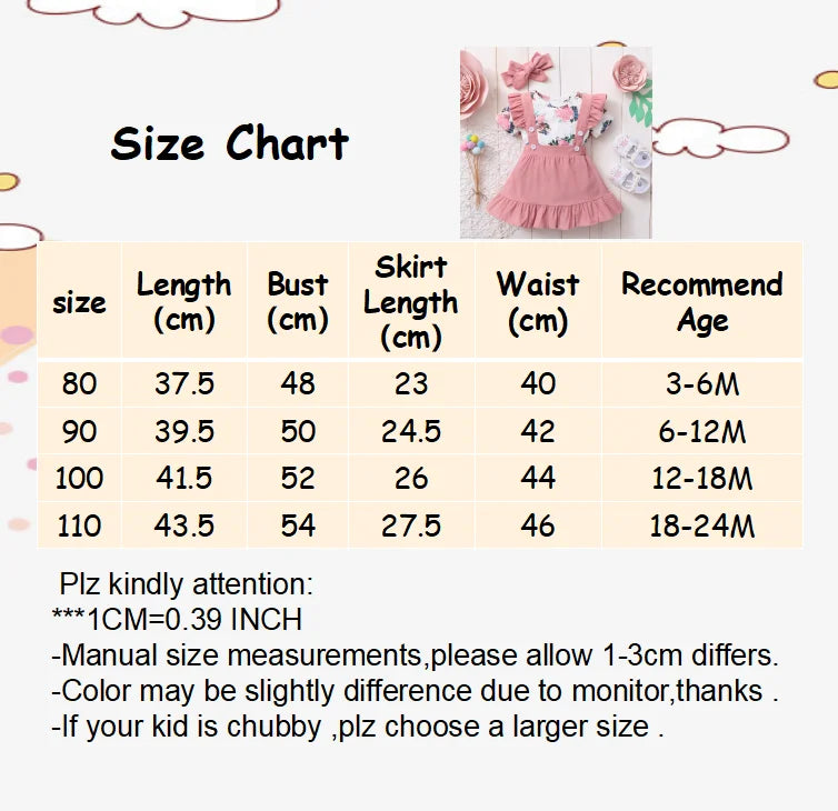 3Pcs Baby Girl Beautiful Flower Bodysuit Ruffled Shoulder Strap skirt+Headband Set 0-24 Months Toddler Baby Girl Summer Set