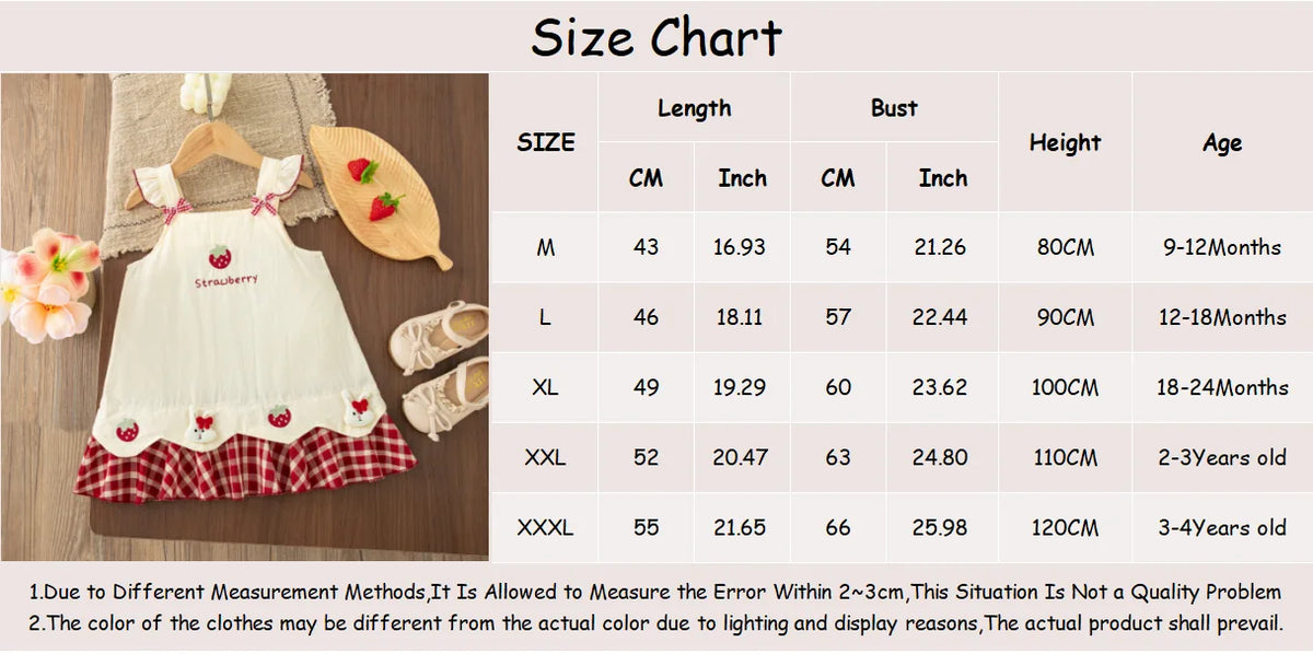 Baby Girl Dress Summer Strawberry Plaid Cotton Suspender Girl Dress Cute Bow Beach Princess Baby Dress Baby Girl Clothes