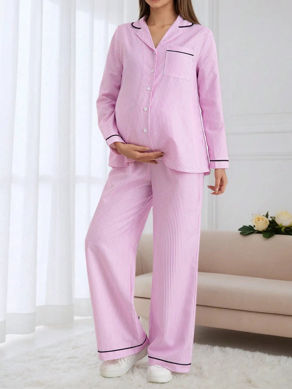 Women's Lounge Pajamas Pink Striped Long Sleeve Button Down Top and Drawstring Pants Two Piece Set for Cozy Home Lounging