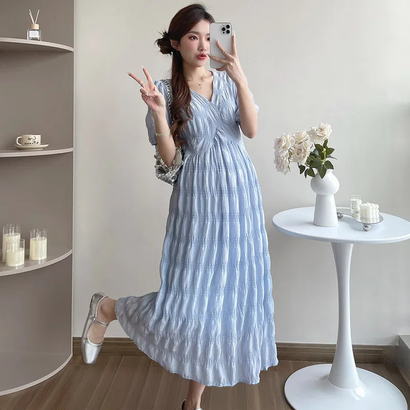 French Style Summer Maternity Pleated Dress High Waist V-neck Short Sleeve Pregnant Woman Elegant Dress Pregnancy Clothes Loose