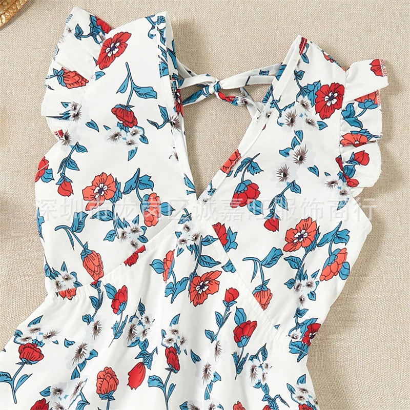 Parent-child Backless Dress Mummy Daughter Summer Floral Vestidos New Children Printed V-neck Gown Family Short Sleeve Clothing