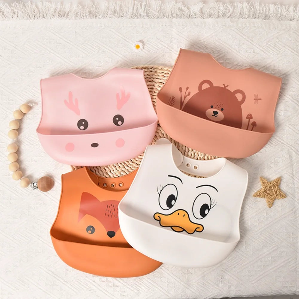 New Hot Soft Silicone Baby Feeding Bibs Waterproof BPA Free Antibacterial Adjustable Toddler Kids Large Pocket Bib Easy Clean