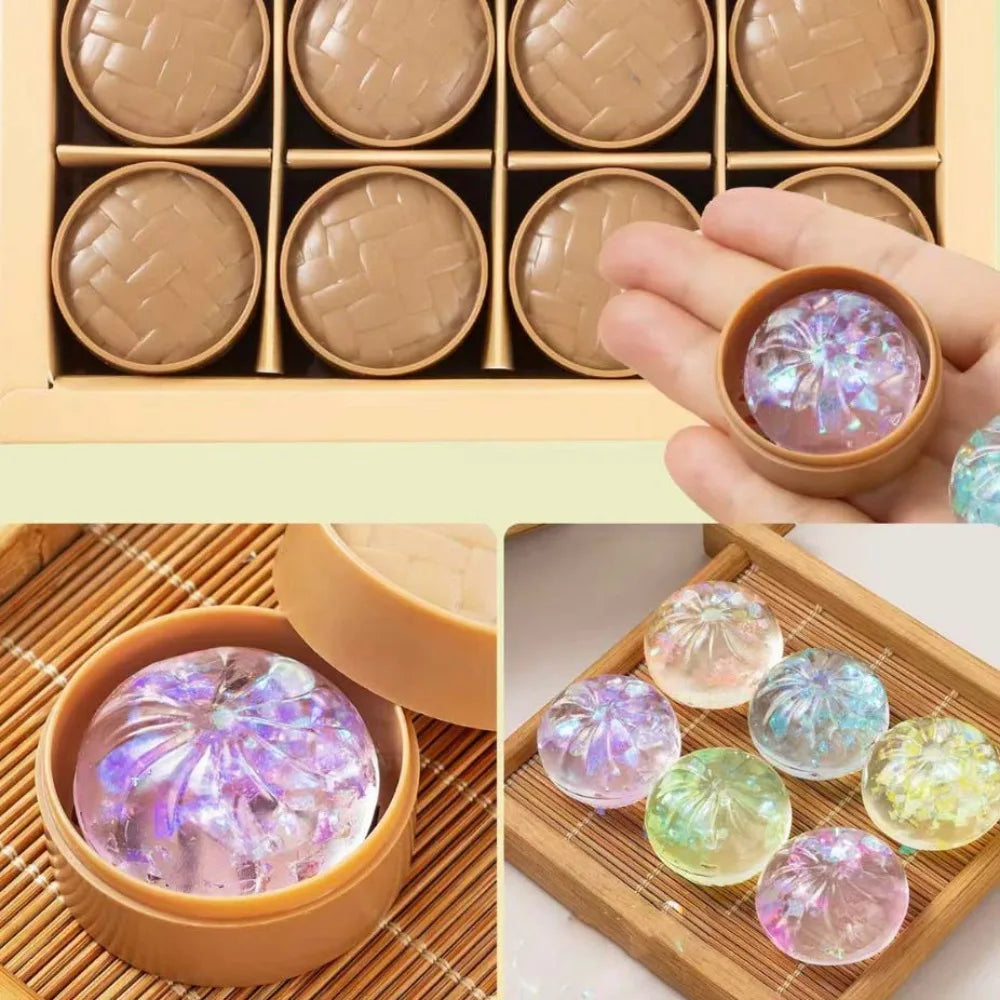 24pcs/set Soft Cute Mini Dumplings Squishy Food Shape Squeezable Squishy Crystal Bun Pinch With Steamer Fidget Sensory Toy