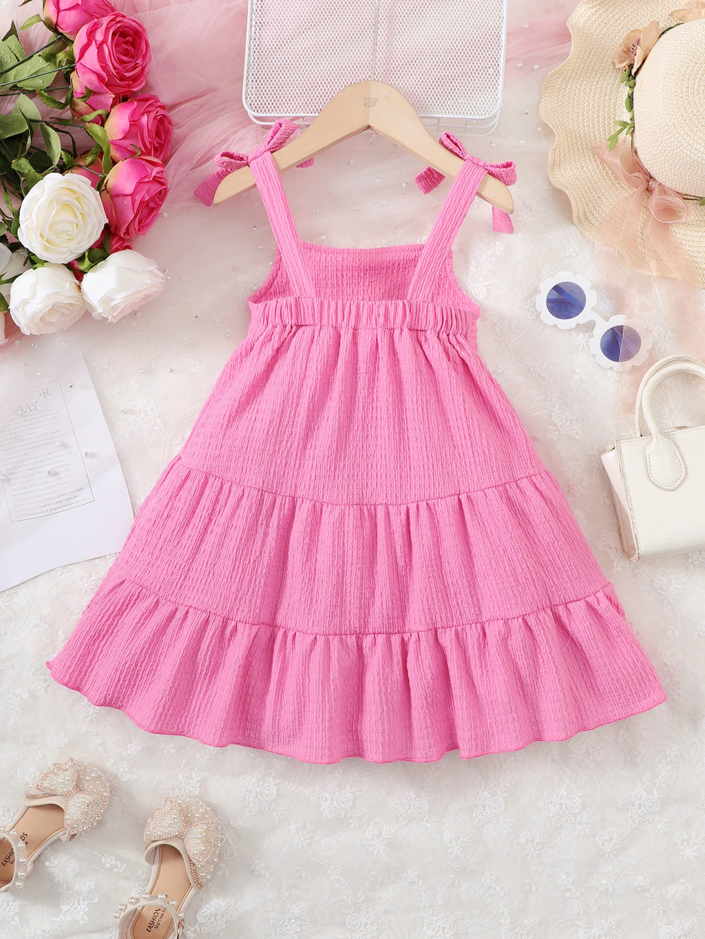 Children Girl Summer Dress Rose Red Bow Suspender Ruffle Comfortable and Soft Dress fit 4-7 Years  Cute Girls agedSeaside Beach