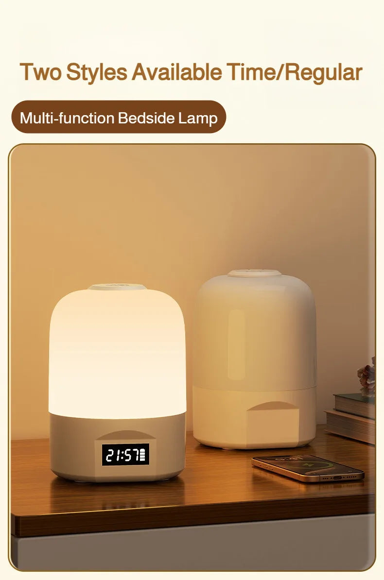 LED Bedside Lamp with Clock Display Touch Control Dimmable Night Light USB Rechargeable for Bedroom Baby Feeding