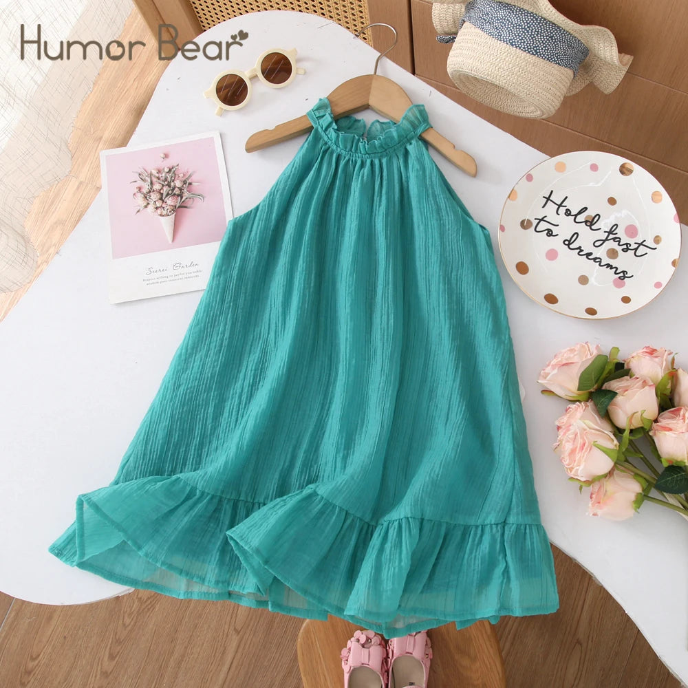 Humor Bear Summer Girl's Dress Solid color retro-style halter sleeveless Fashion Princess Dress Casual Dresses For Girls