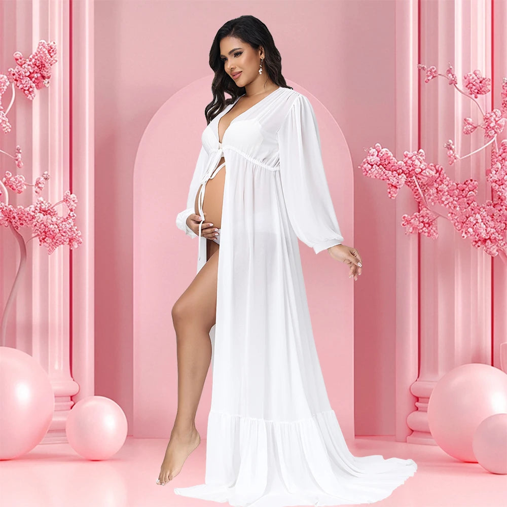 Maternity Chiffon V-neck Lantern Sleeves Slit Robe for Baby Shower Maxi Gown Photography Dress
