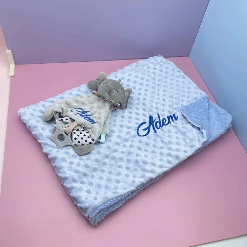 Personalized Newborn Baby Blanket with Name Custom Dot Minky Stroller Swaddle Set Security Towel Baby Shower Gift for Infant Boy