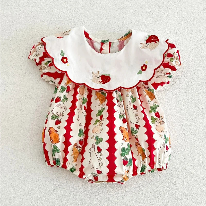 insBaby Girl Rabbit Cartoon Print Embroidered Collar Romper Infant Toddler Sweet Summer Short Sleeve Jumpsuit