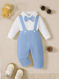 Newborn Baby Boy Spring Autumn Set lapel Bow jumpsuit+Blue Pants Two piece Set for 0-18 Months Baby Boy, Little Gentleman Set