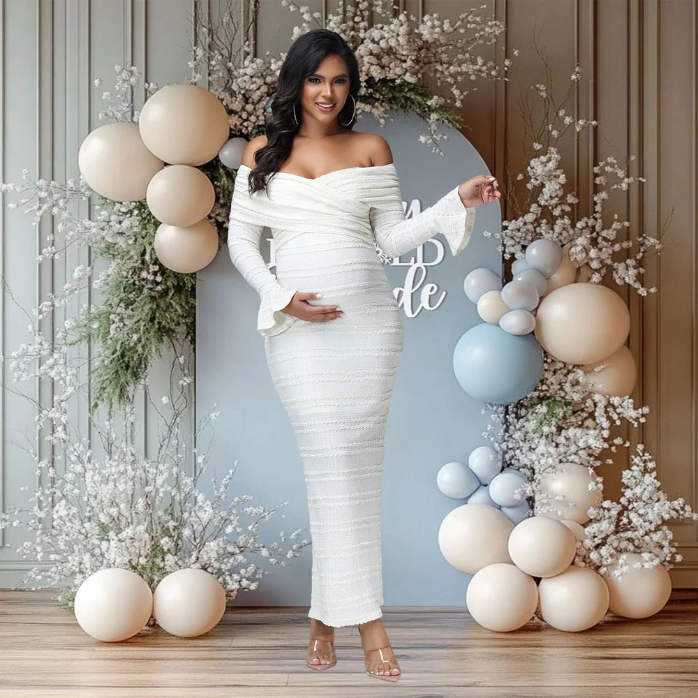 Maternity Fishtail Long Sleeves Criss Cross Neck Fall Dress Fashion Bodycon Pregnant Women Gown for Baby Shower Photoshoot