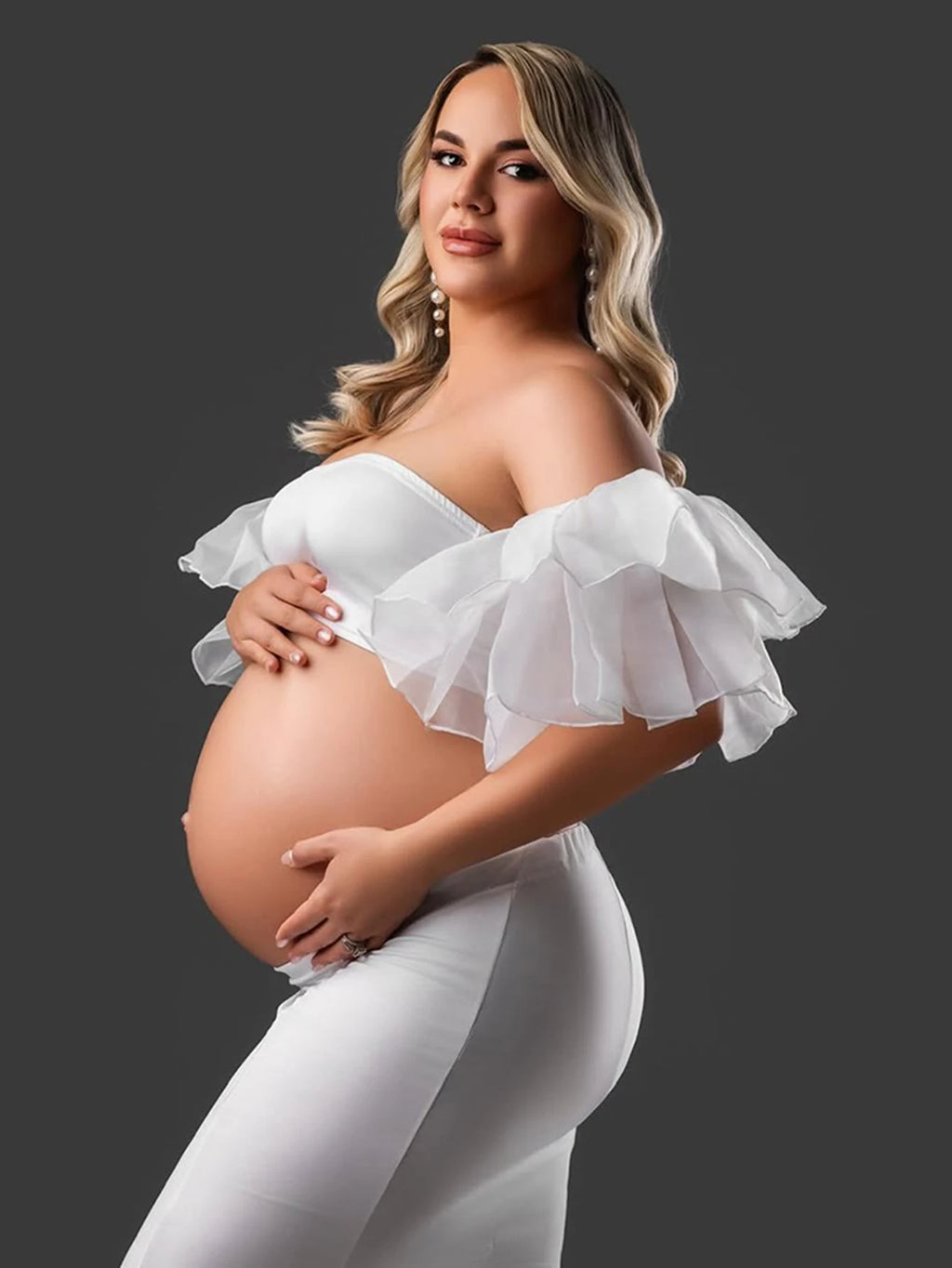 Maternity Ouifits 2Pcs Organza Sleeves Tube Top and Mermaid Hem Maxi Dress for Baby Shower Photoshoot