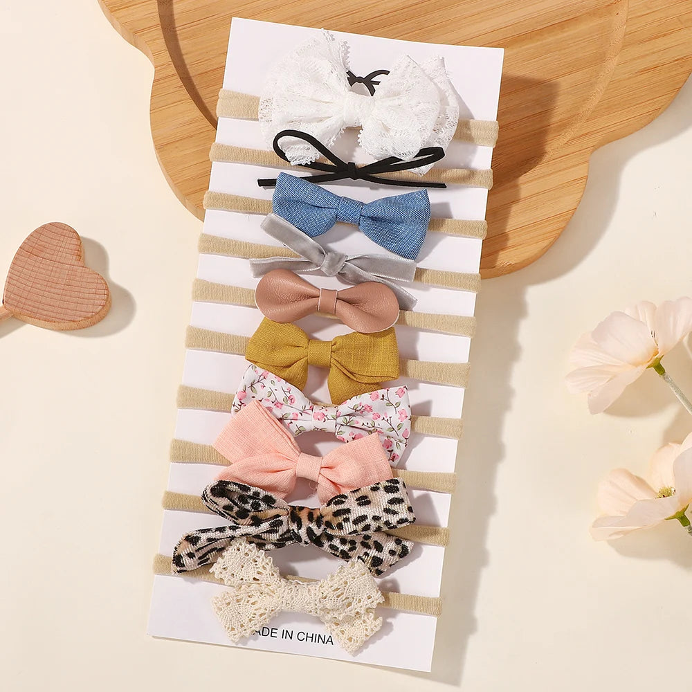 10Pcs Fashion Baby Elastic Hair Band Lovely Colorful PU Cotton Bow Headband Girls Headdress Party Casual Headwear
