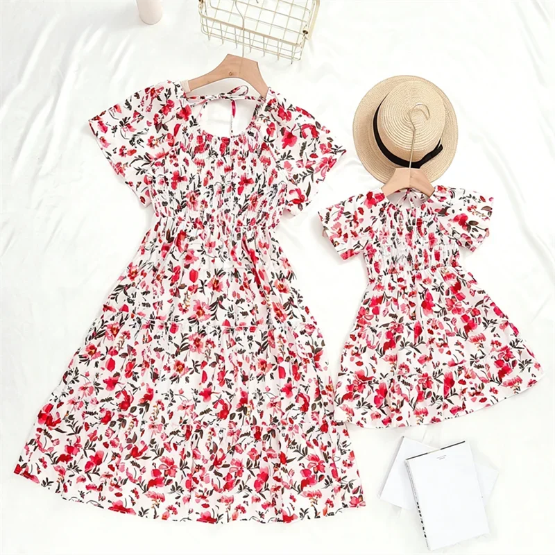 Vintage Mother Daughter Dress Vestidos Family Matching Outfits Children Dress Beach Casual Women Dresses Summer Girls Clothing