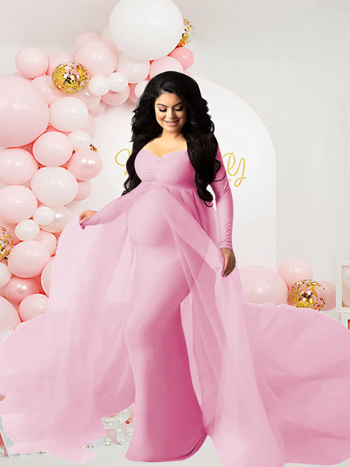 Maternity Long Sleeves Mesh Dress With Floor Length Train For Photo Shoot And Baby Baptism Party