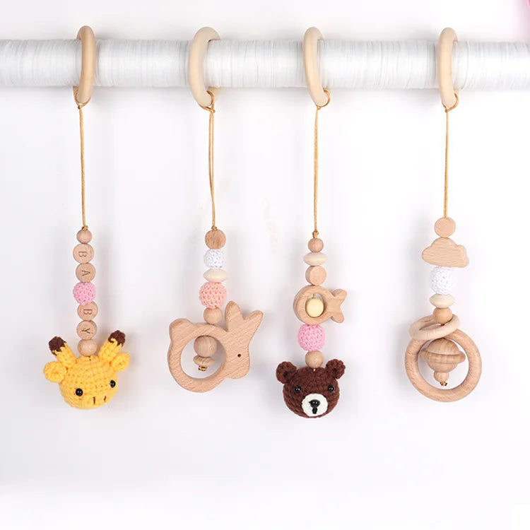 Baby Play Gym Frame Wooden Beech Activity Gym Frame Stroller Hanging Pendants Toys Teether Ring Nursing Rattle Toys Room Decor