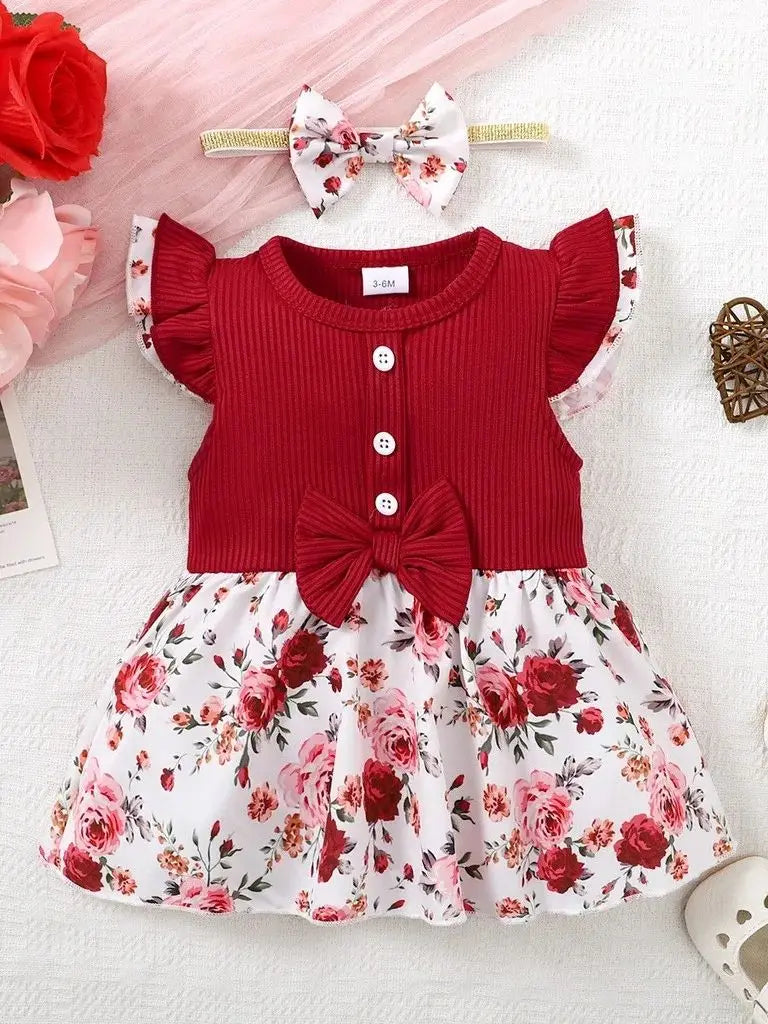 Cute Baby Girl Round Neck Bow Flower Print Fashionable Dress With Headband Suitable for Babies Aged 0-2 Summer Family Gatherings