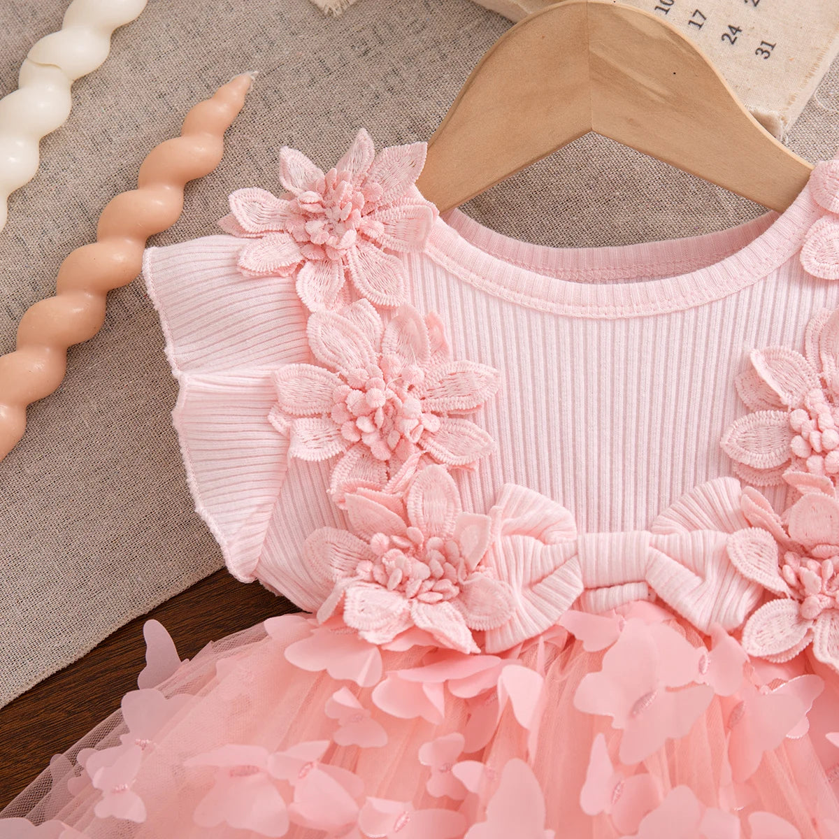 Summer Fashion Solid Color Toddler Princess Fairy Dress Korean Style Sweet Pink Bow Birthday Party Baby Girl Butterfly Dress