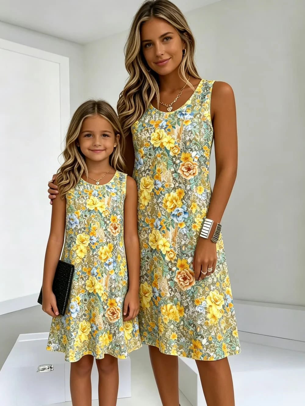 Women's Sleeveless Dress Bohemian-Style Print Casual Beach Parent-Child Outfit Loose Round-Neck Ethnic Rustic Style Girl Clothes