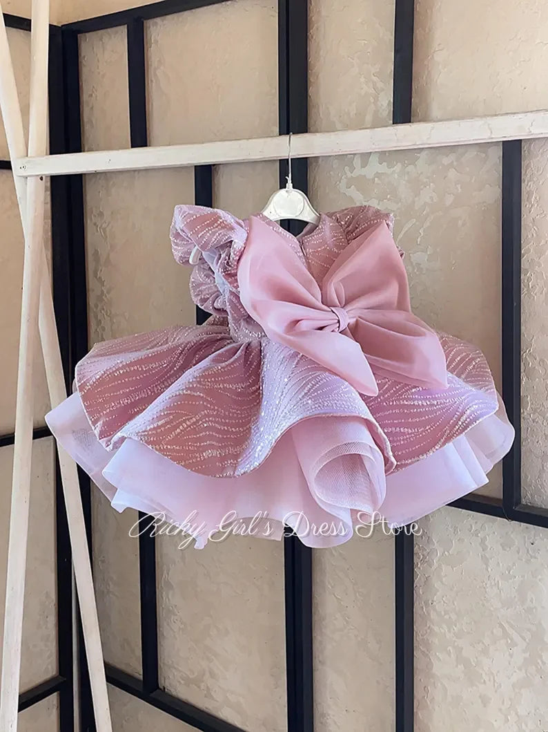 Blush Pink Flower Girl Dress For Wedding Special Occasion Glitter Sequin First Birthday Dress With Puff Sleeve Birthday Party