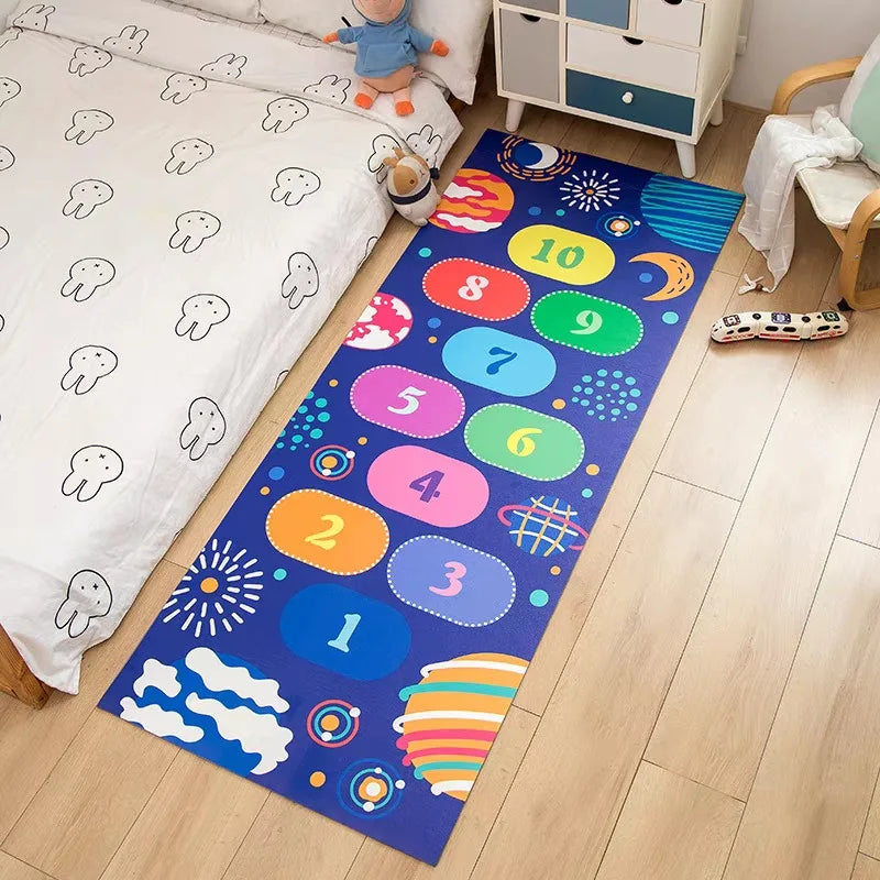 Kids Hopscotch Space Print Runner Rug Anti-slip Floor Mat for Toddler Bedroom Cartoon Rocket Long Carpet for Playroom Home Decor