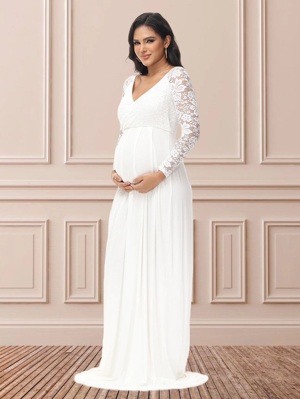 Maternity Lace Photography Gown V-Neck Long Sleeve Maxi Elegant Pregnancy Dress For Baby Shower Photography