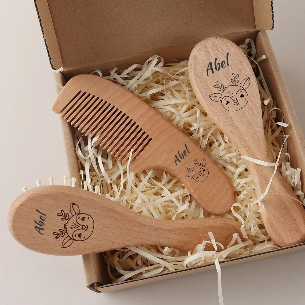 Custom Name Newborn Baby Hair Brush Set - Beechwood Comb & Soft Wool Brush - Natural Baby Grooming Kit & Gift