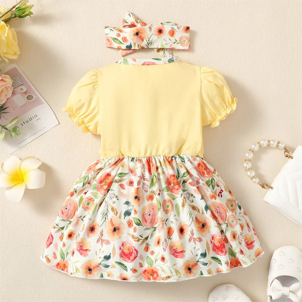 Baby girl Summer Dress Bubble Sleeves and Floral Fashion Dress+Headband 2Pcs/Set for Baby girl 0-24 Months Daily Dressing