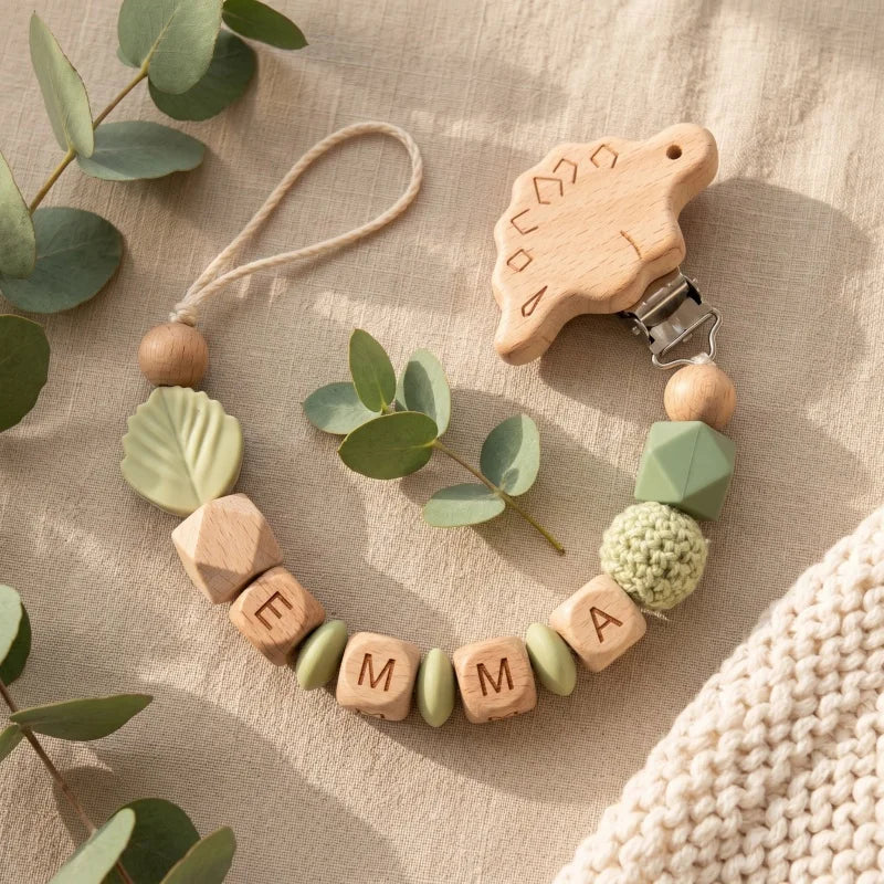 Personalized Baby Pacifier Clip with Name – Silicone & Wooden Bead Teether Soother Holder