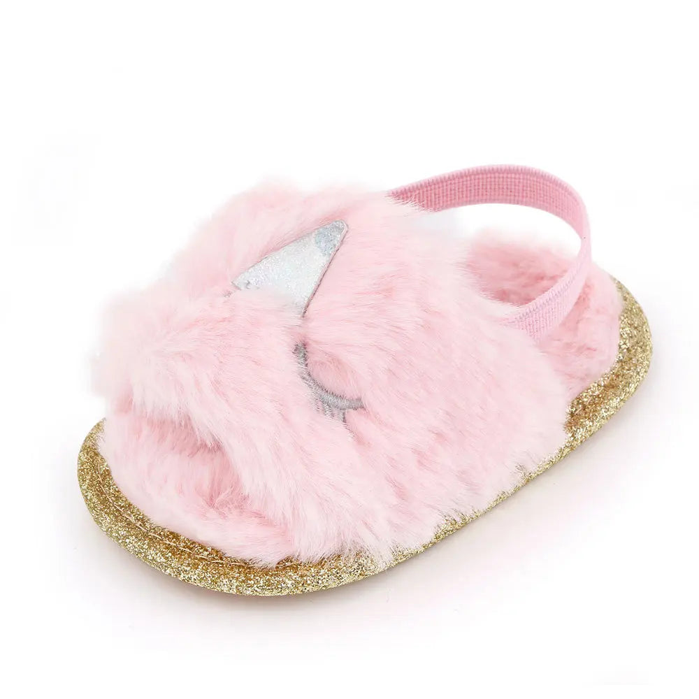 Spring Winter Fashion Multicolor Faux Fur Baby Girl Slipper Non-slip Newborn Cute Infant Toddler Crib Dress Shoes First Walkers