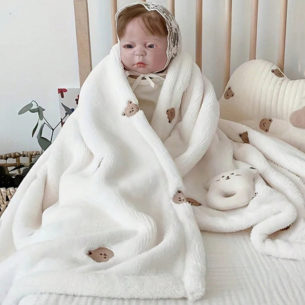 Embroidered Bear Baby Blanket Infant Coral Fleece Wrap Swaddle Blanket Warm Blanket For Newborn Outdoor Stroller Cover Blanket