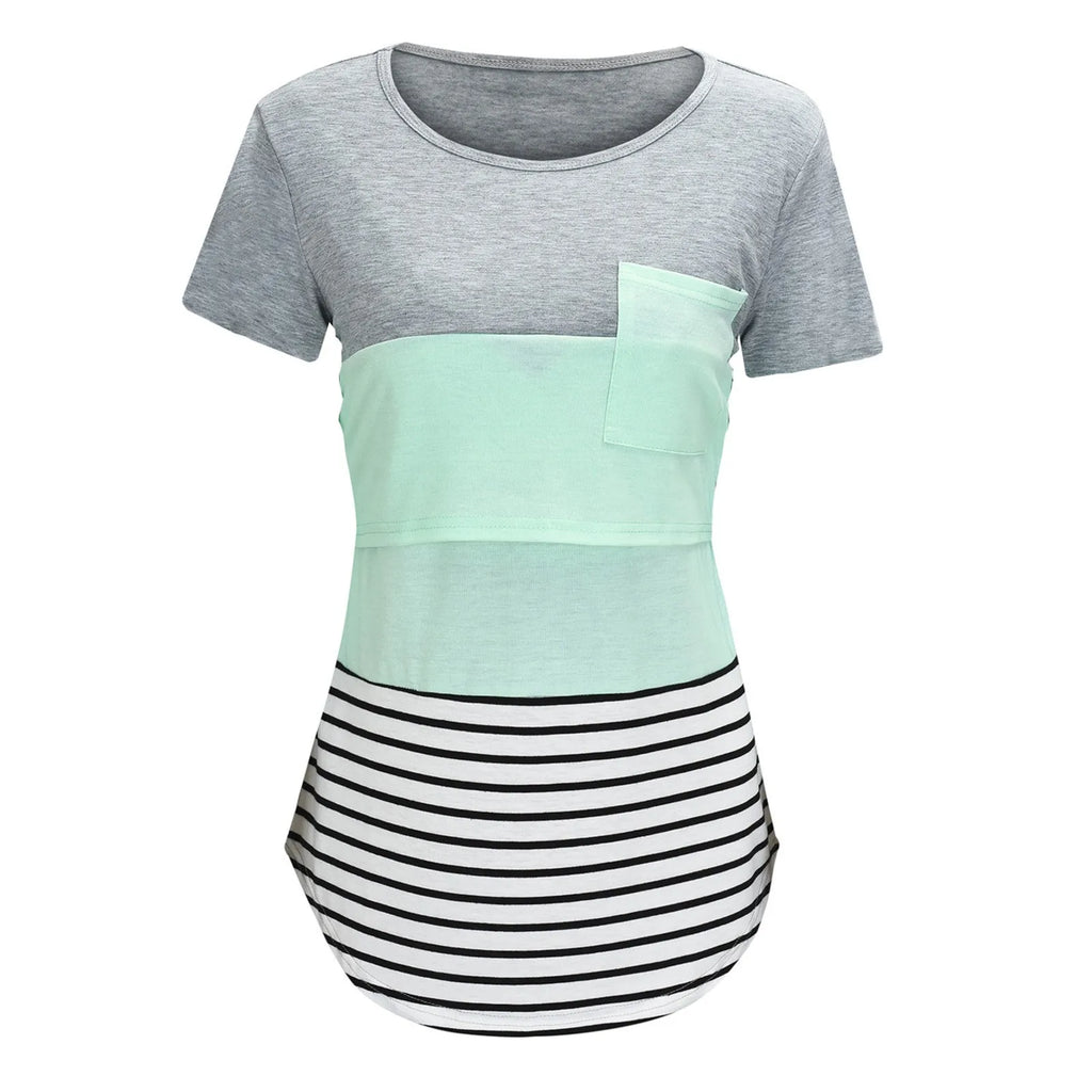 New Maternity Clothes Casual Tops Nursing For Breastfeeding T Shirt Striped Print Women Maternity Short Sleeve Maternity Blouse