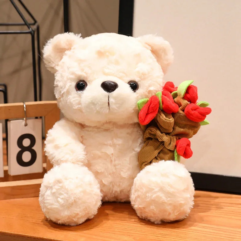Wholesale Creative 16/25CM Bear Plush Toy Red Heart Romantic Rose Doll Soft Handmade Holding Flowers Bear Doll Home Decoration