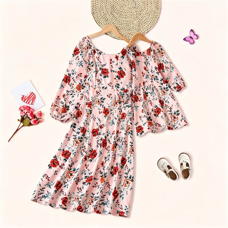 Vintage Mother Daughter Dress Vestidos Family Matching Outfits Children Dress Beach Casual Women Dresses Summer Girls Clothing