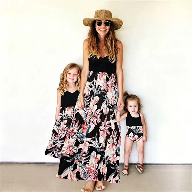 Vintage Mother Daughter Dress Vestidos Family Matching Outfits Children Dress Beach Casual Women Dresses Summer Girls Clothing