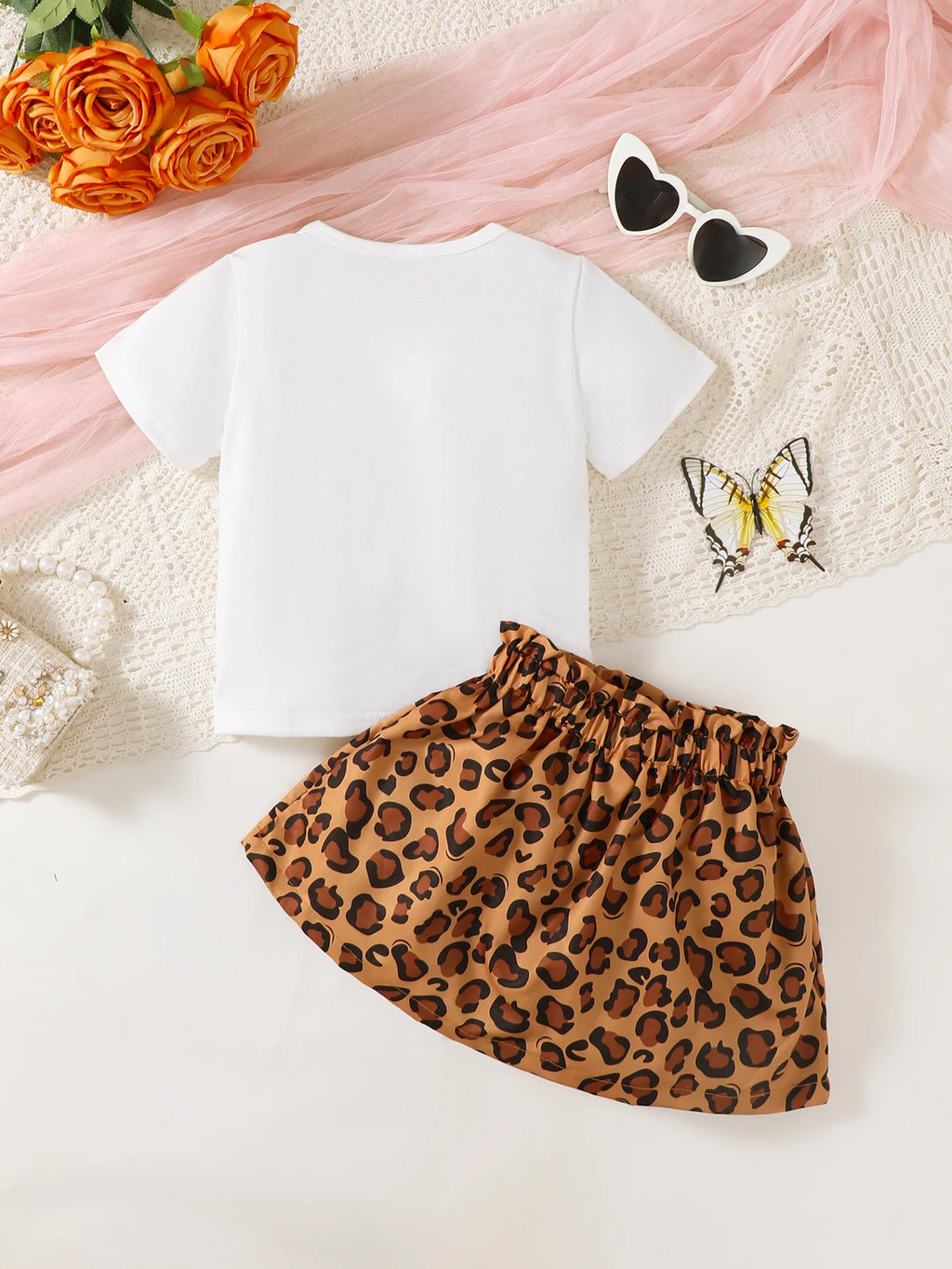 Summer 0-4 Years Old  Infant  Baby  Girls  Little Girl  Print  Top  And  Leopard  Print  Skirt  Casual  2-Piece  Set