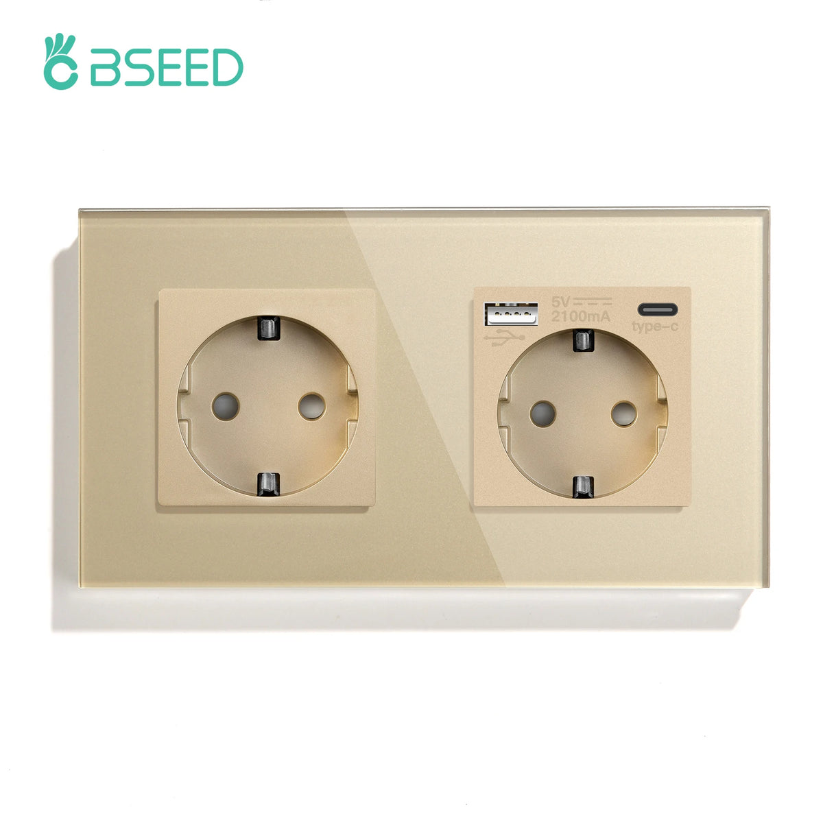 BSEED Double Socket EU Standard Wall Socket With Golden Crystal Glass Panel 16A 110-240V
